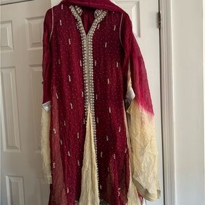 Red silver beige shalwar kameez